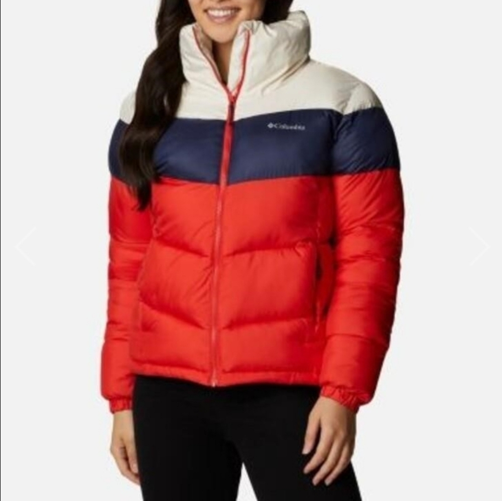 Columbia Womens Puffect Color Blocked Jacket, Bold Orange/Nocturnal/Chalk- Med